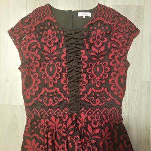 Red and black floral lace faux corset peplum shirt